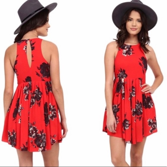 Free People Size 2 Cherry Red Floral Flutterby Fit & Flare Dress Back Keyhole - Picture 3 of 11
